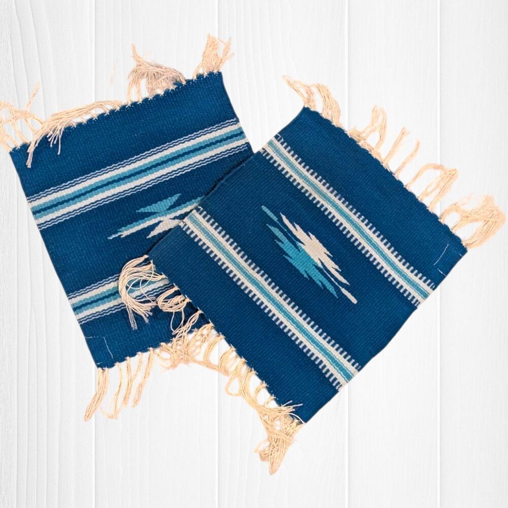 Set Of Antique Blue And White Hand Woven Acrylic Table Textiles 10" x 9.25"